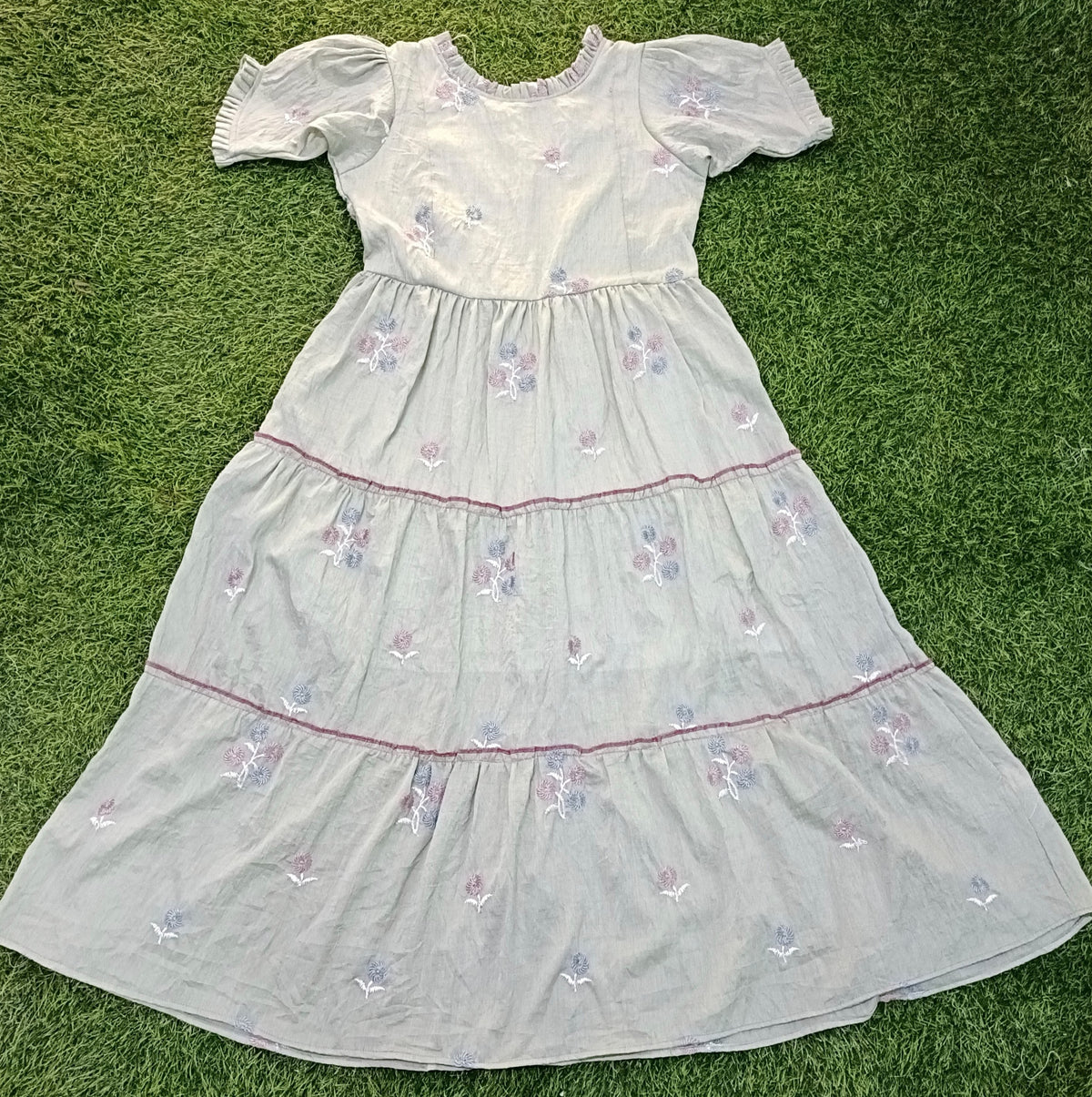 Ladies Light Sage Green Floral Embroidered Frill Round Neck Puff Sleeve 3-Step Flared Long Frock