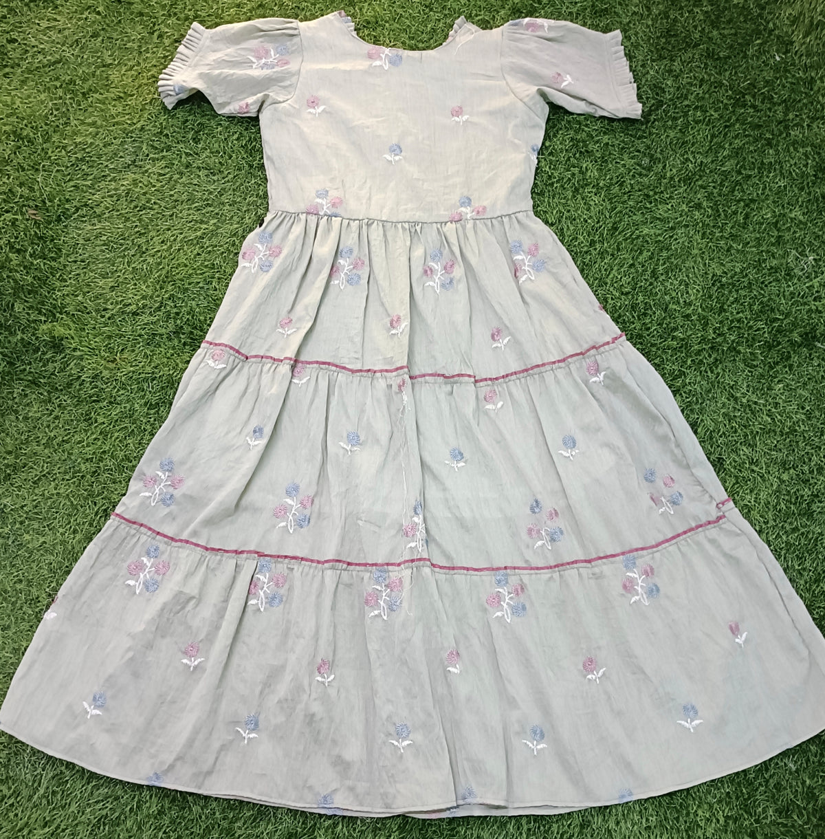 Ladies Light Sage Green Floral Embroidered Frill Round Neck Puff Sleeve 3-Step Flared Long Frock
