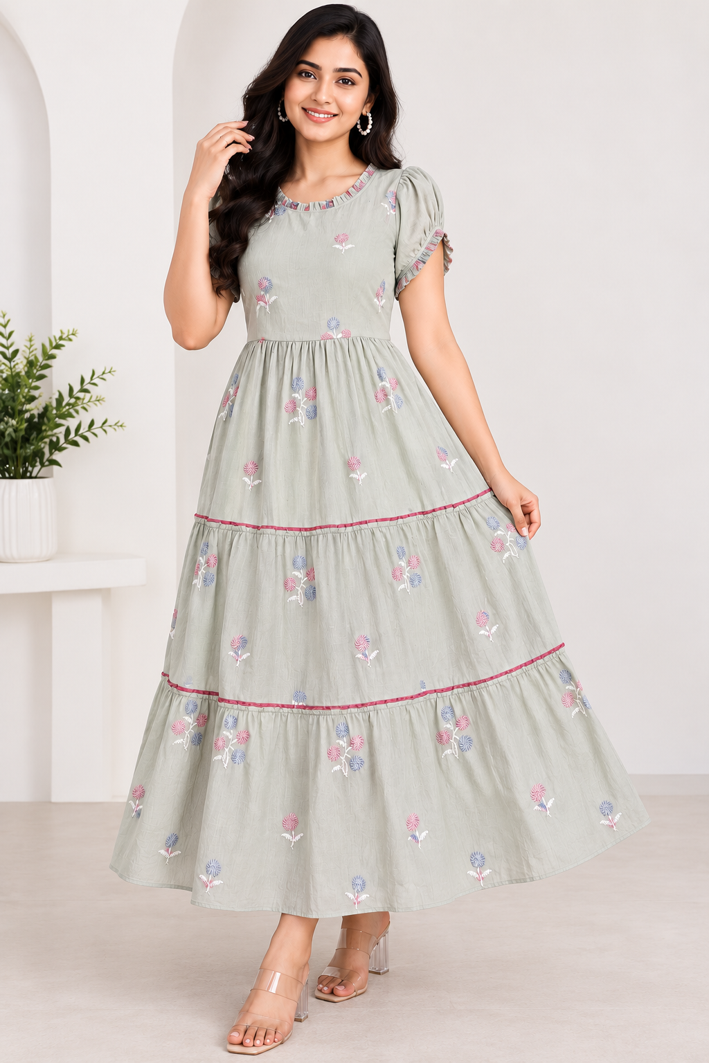 Ladies Light Sage Green Floral Embroidered Frill Round Neck Puff Sleeve 3-Step Flared Long Frock