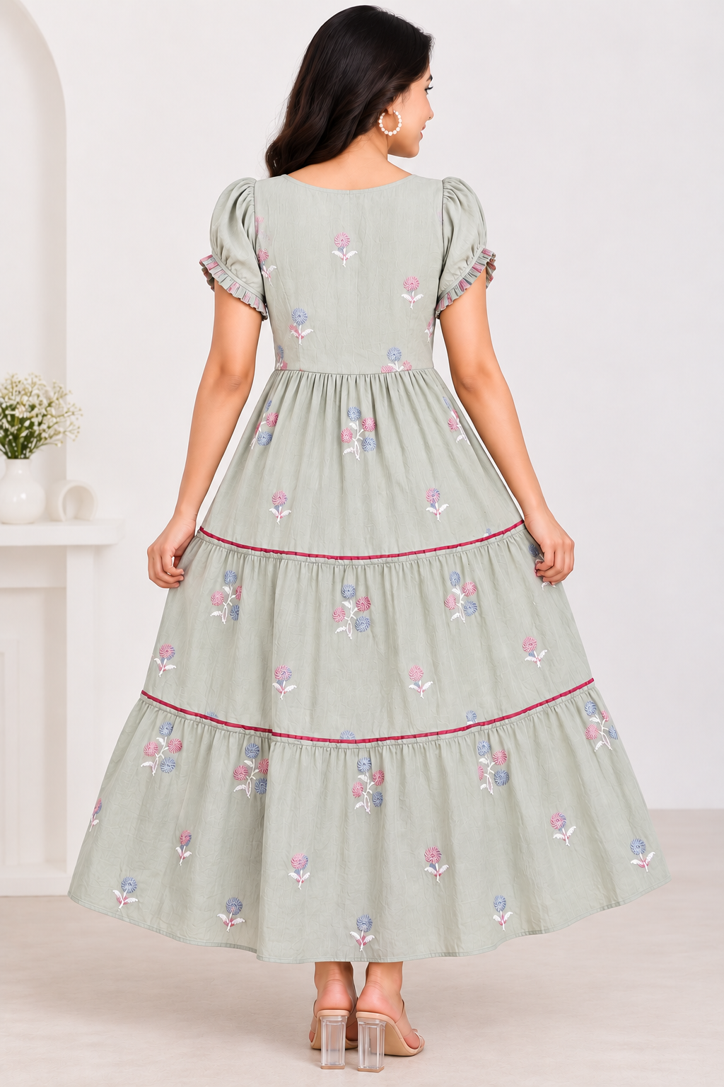 Ladies Light Sage Green Floral Embroidered Frill Round Neck Puff Sleeve 3-Step Flared Long Frock