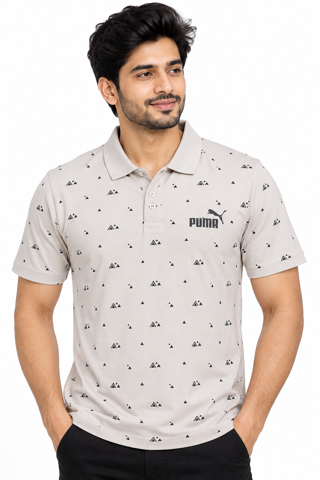 Men’s Light Beige Printed Polo Collar T-Shirt