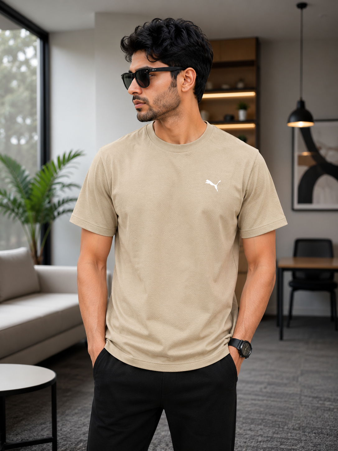 PUMA Men’s Light Brown Heavyweight Textured Lifestyle T-Shirt