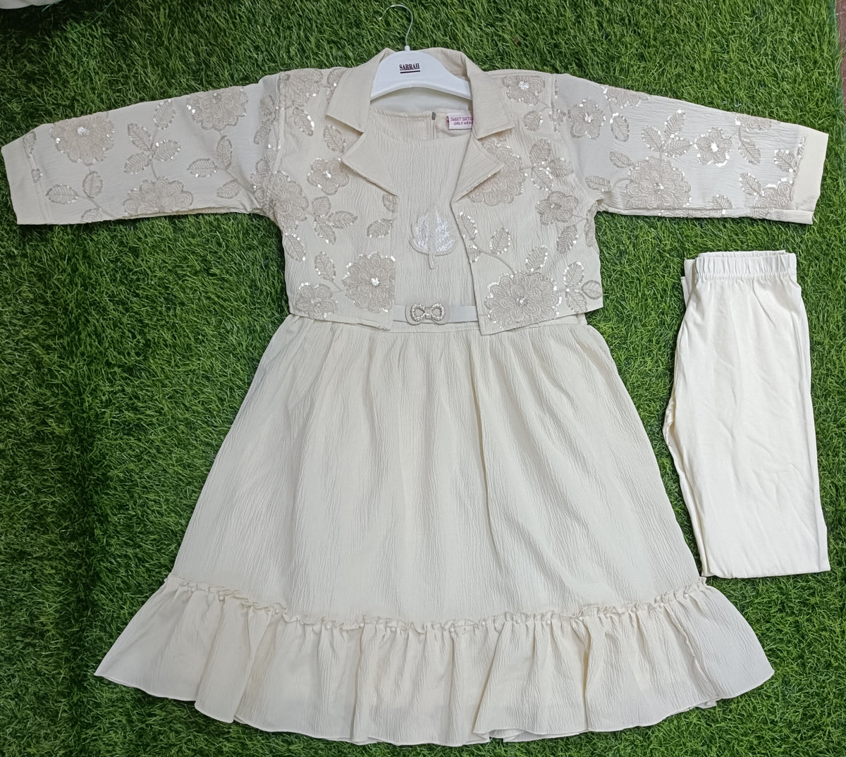 Girls Cream Embroidered Jacket Dress & Legging Party Wear Set