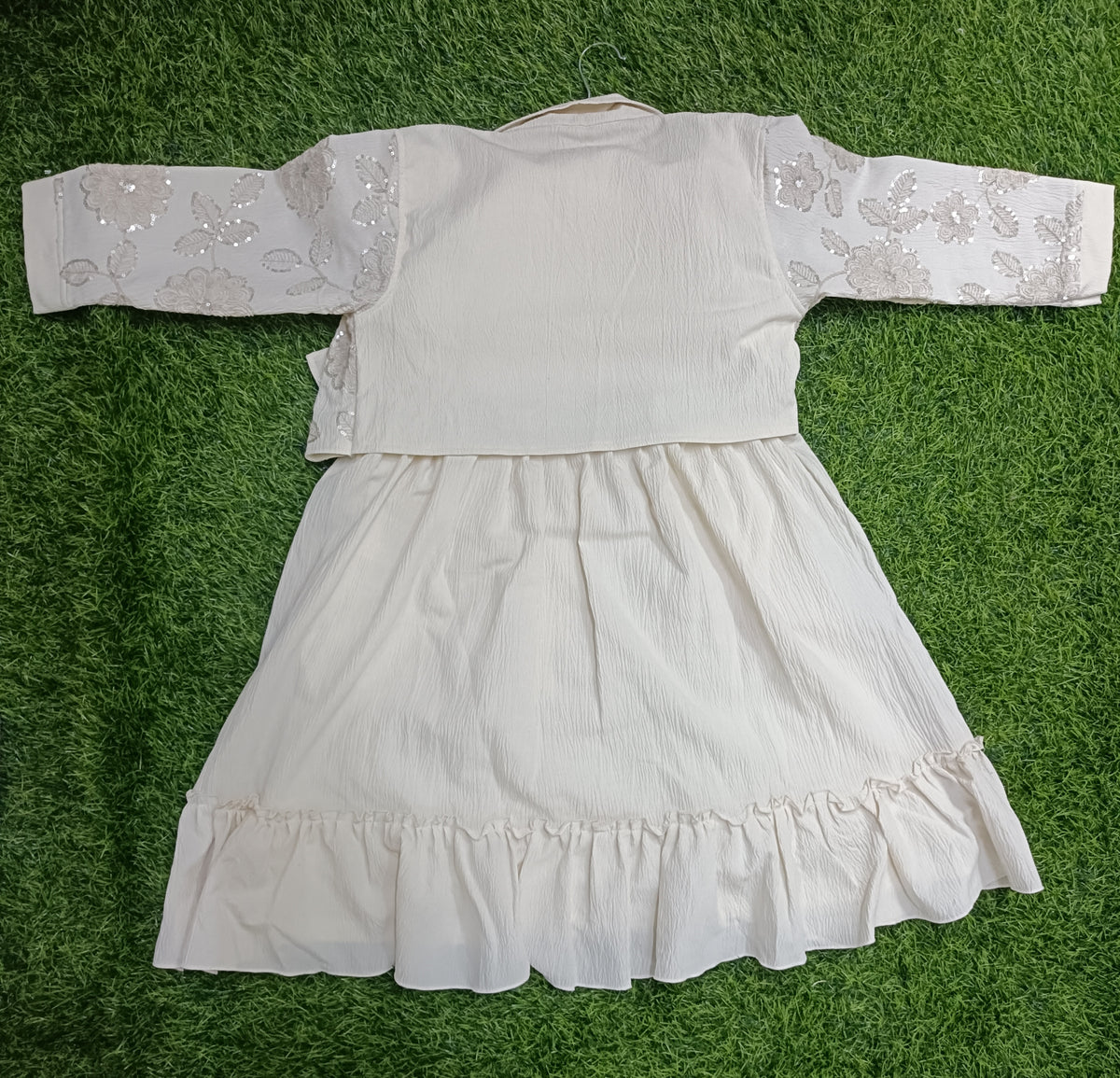 Girls Cream Embroidered Jacket Dress & Legging Party Wear Set