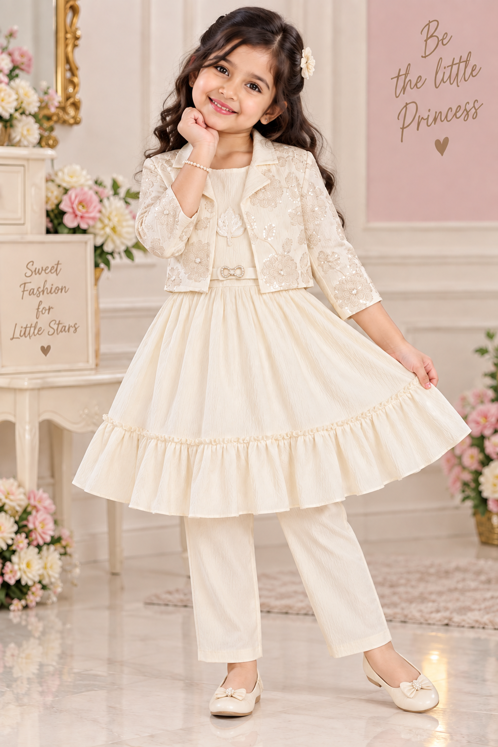 Girls Cream Embroidered Jacket Dress & Legging Party Wear Set