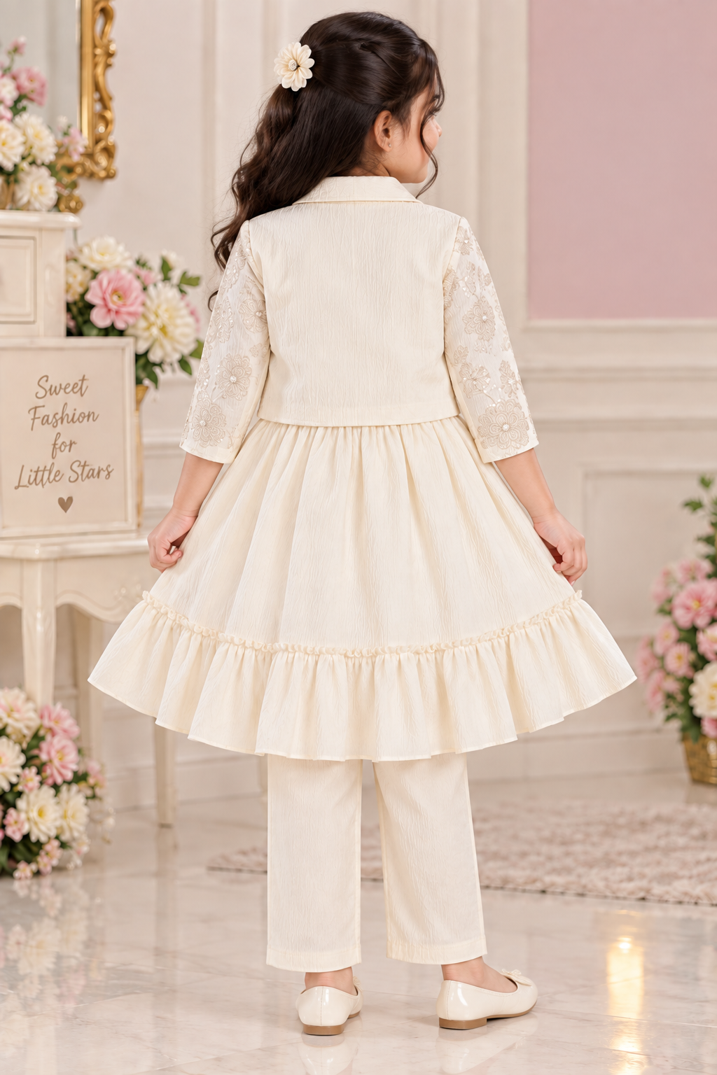 Girls Cream Embroidered Jacket Dress & Legging Party Wear Set