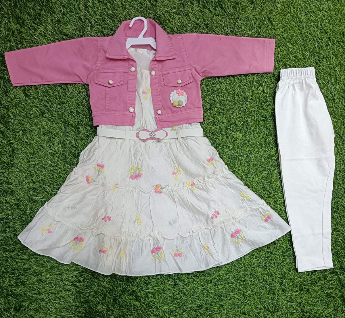 Girls Pink Jacket Floral Dress & White Legging Party Wear Set