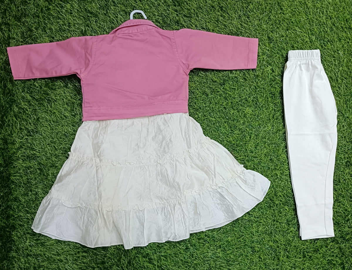 Girls Pink Jacket Floral Dress & White Legging Party Wear Set