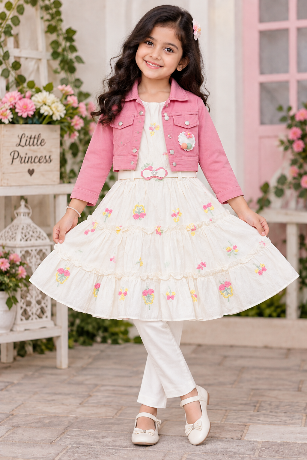 Girls Pink Jacket Floral Dress & White Legging Party Wear Set