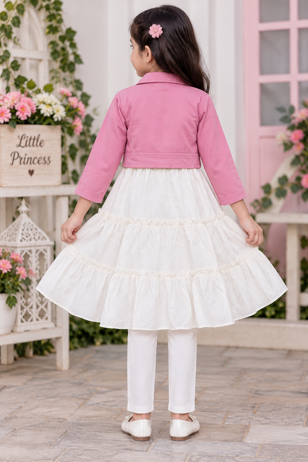 Girls Pink Jacket Floral Dress & White Legging Party Wear Set