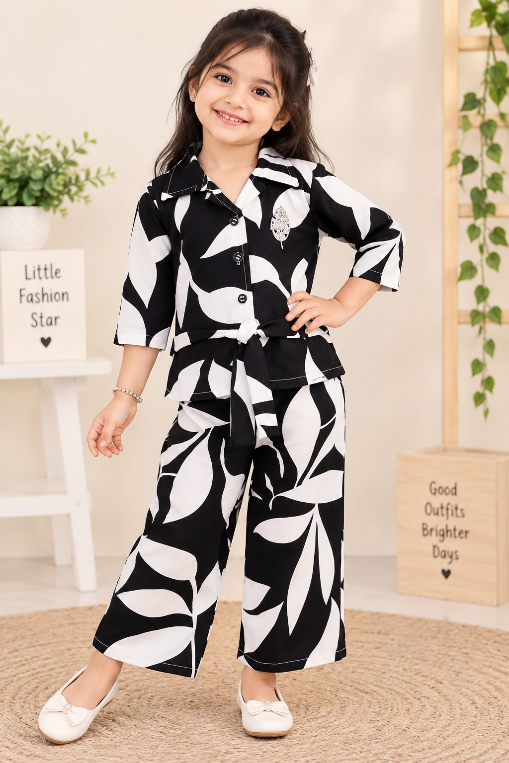 Girls Black & White Colour Leaf Print Shirt & Straight-Cut Pant Set