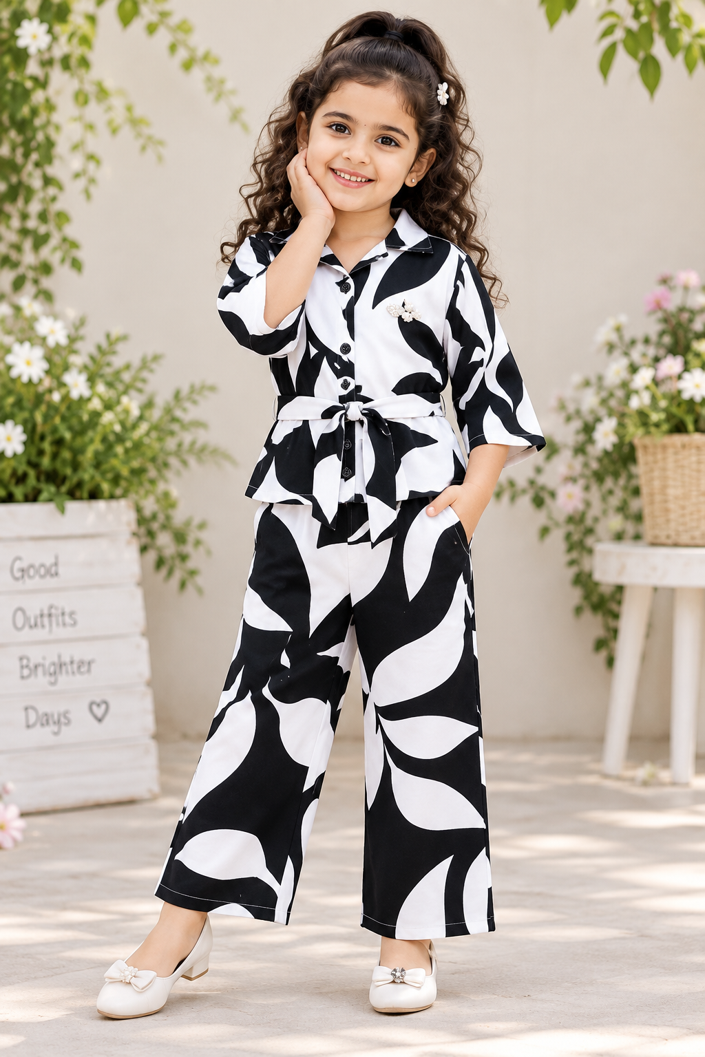 Girls Black & White Leaf Print Shirt & Straight-Cut Pant Set