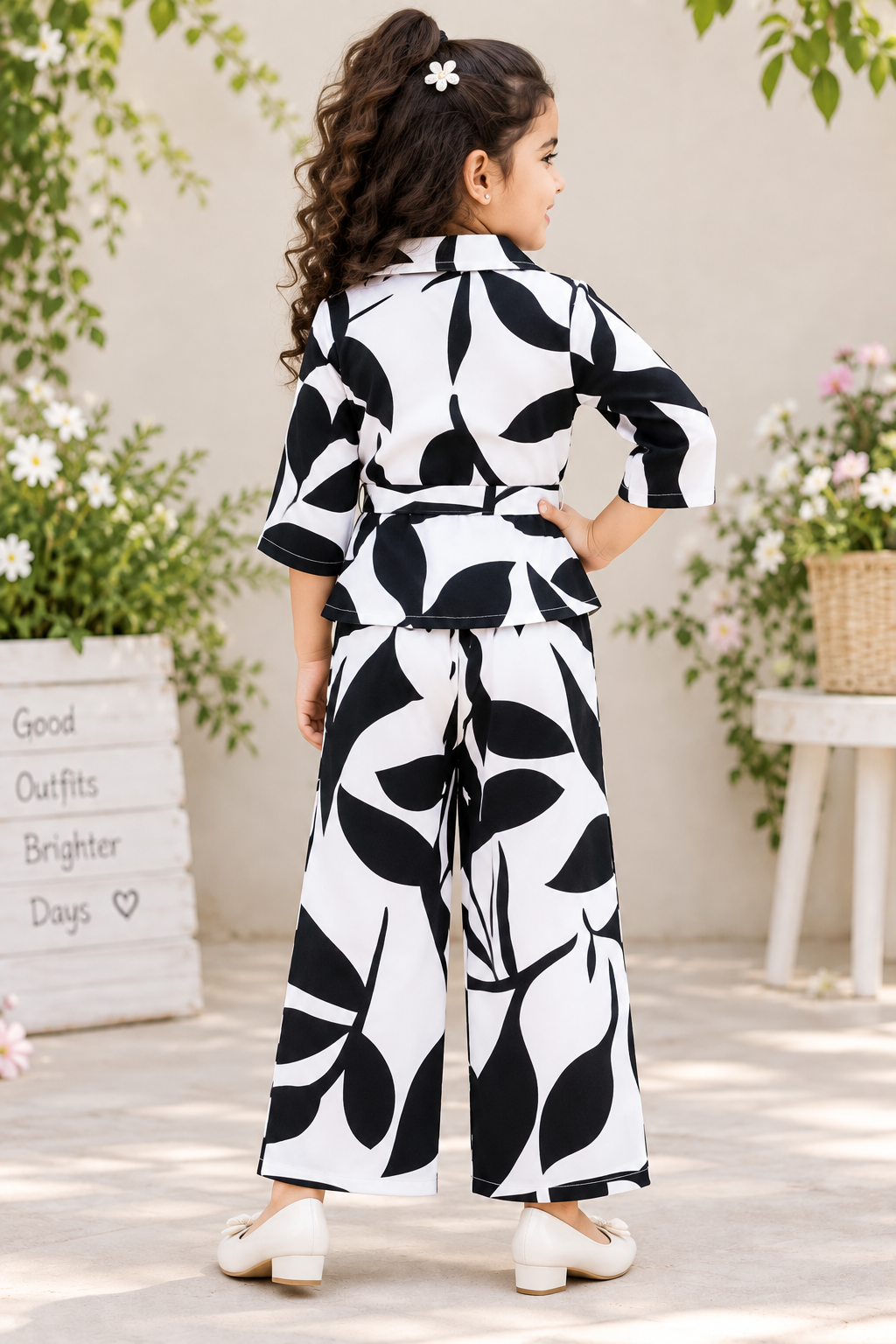Girls Black & White Leaf Print Shirt & Straight-Cut Pant Set