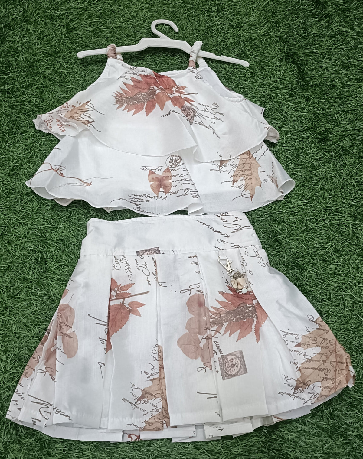 Girls Off-White with Coffee Brown  Printed Layered Top & Pleated Skirt Party Wear Set