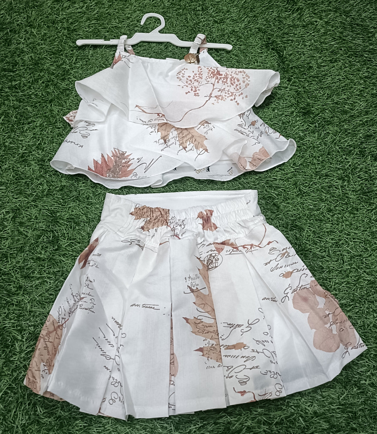 Girls Off-White with Coffee Brown  Printed Layered Top & Pleated Skirt Party Wear Set
