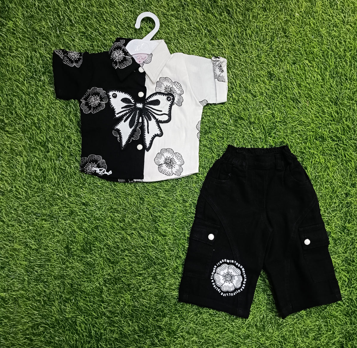 Girls Black & White Floral Shirt & Cargo Shorts Set