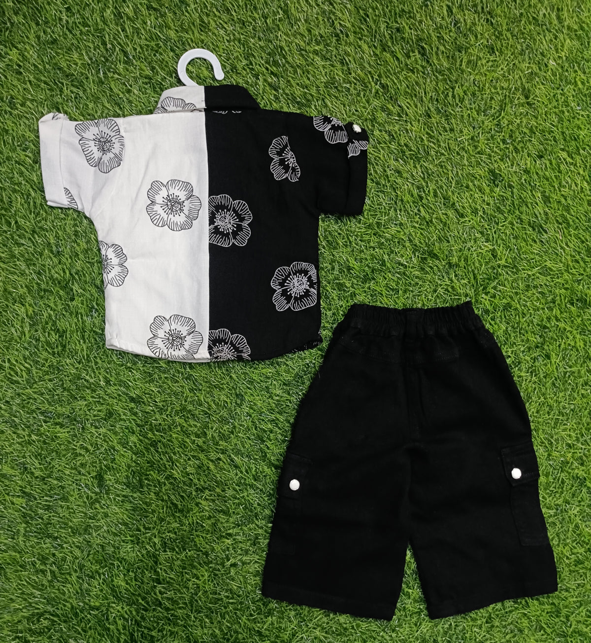 Girls Black & White Floral Shirt & Cargo Shorts Set