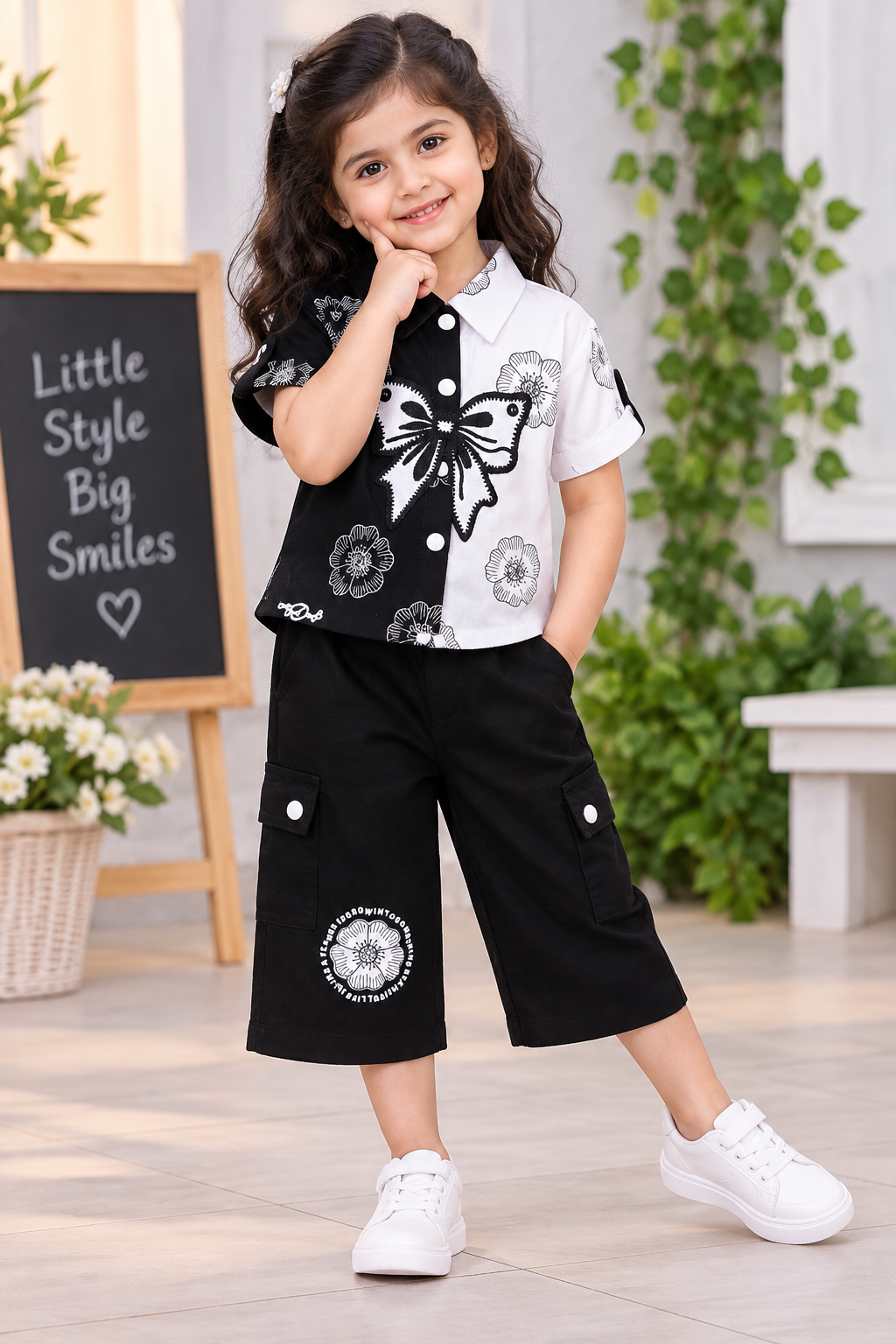 Girls Black & White Floral Shirt & Cargo Shorts Set