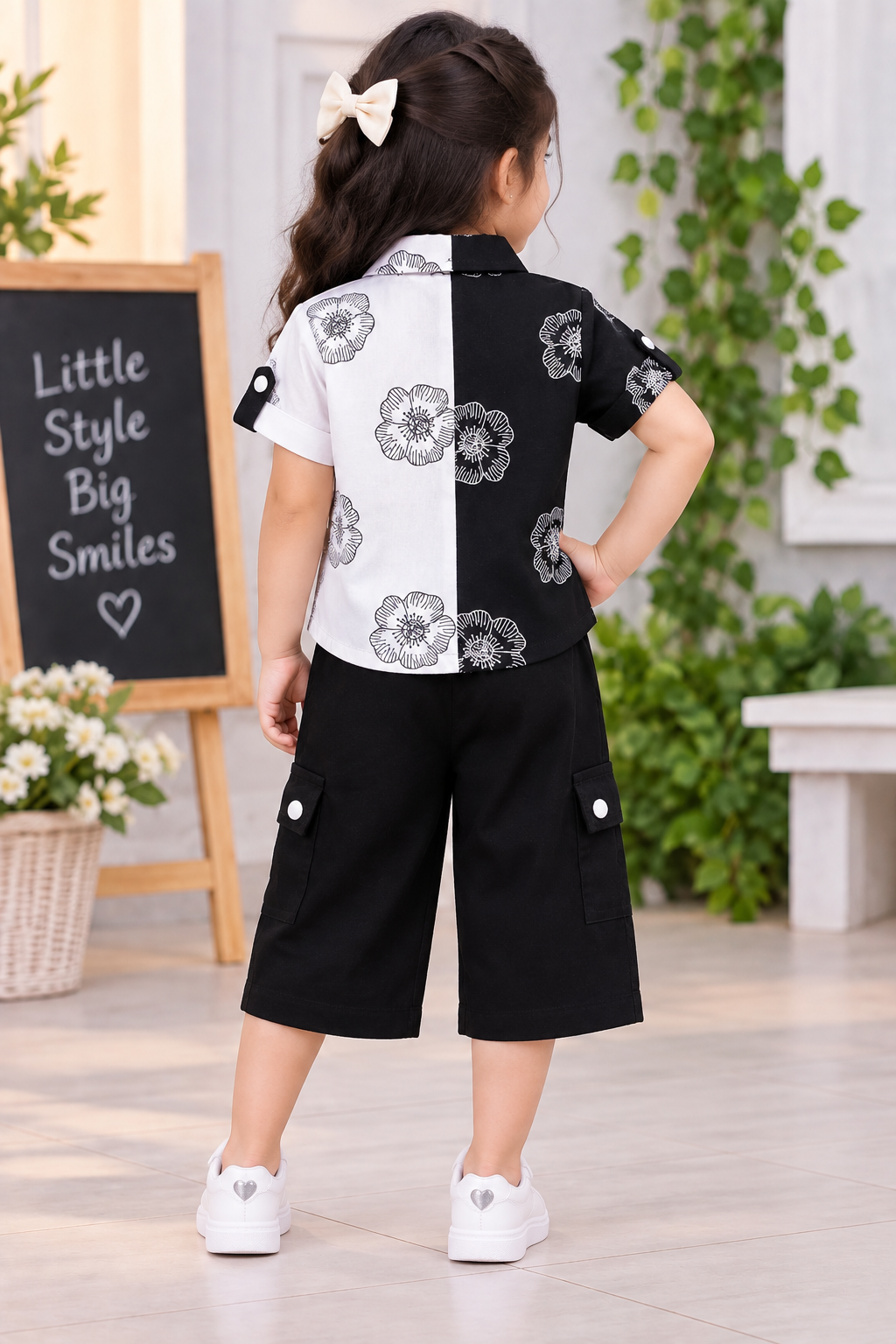 Girls Black & White Floral Shirt & Cargo Shorts Set