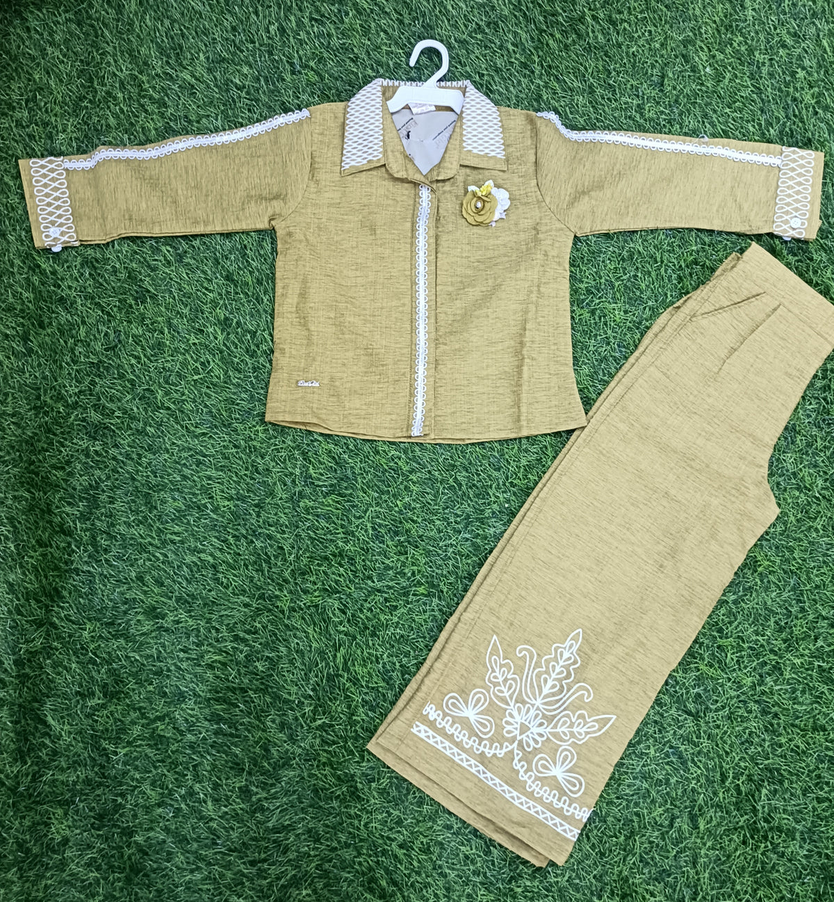 Girls Mustard Olive Embroidered Shirt & Palazzo Pant Set