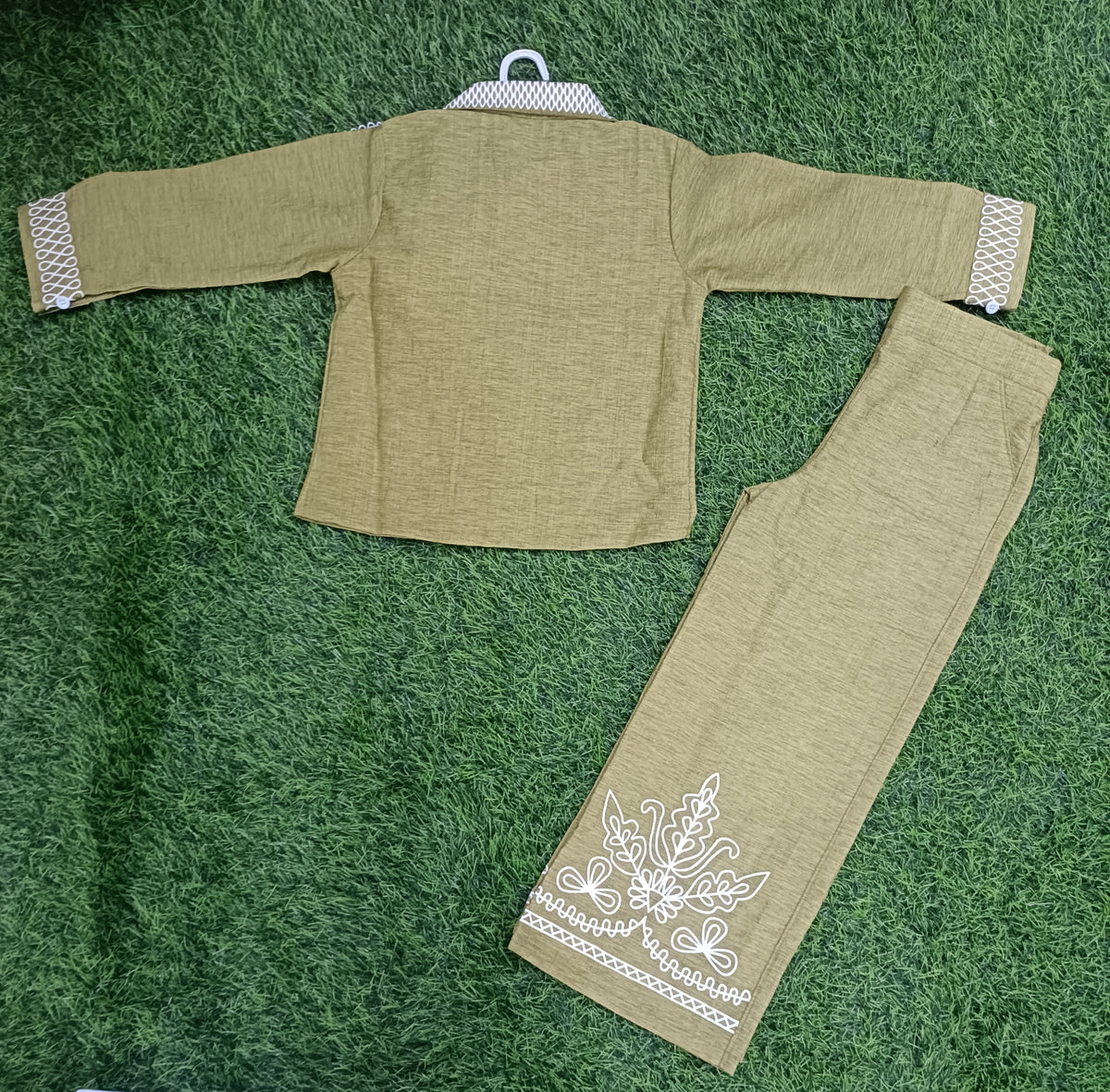 Girls Mustard Olive Embroidered Shirt & Palazzo Pant Set