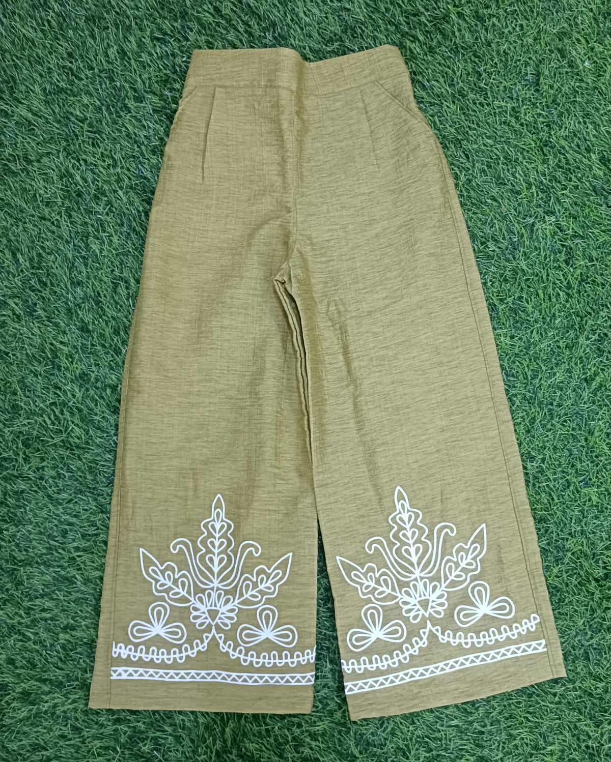 Girls Mustard Olive Embroidered Shirt & Palazzo Pant Set