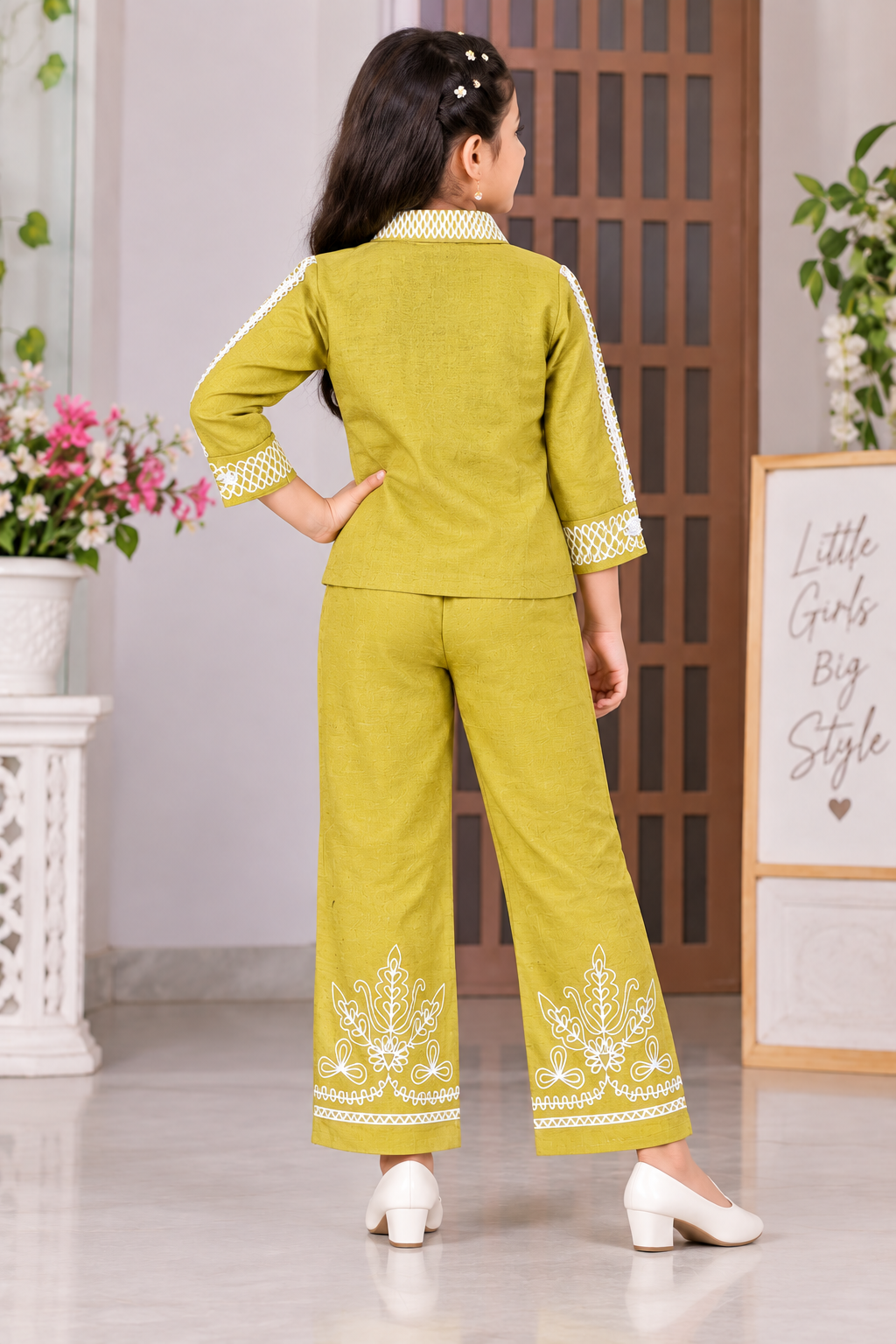 Girls Mustard Olive Embroidered Shirt & Palazzo Pant Set
