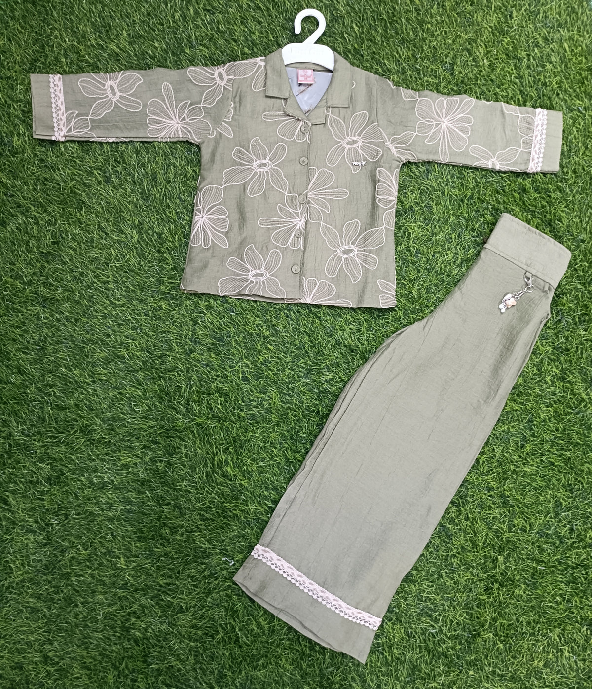 Girls Olive Green Floral Embroidered Shirt & Palazzo Pant Set