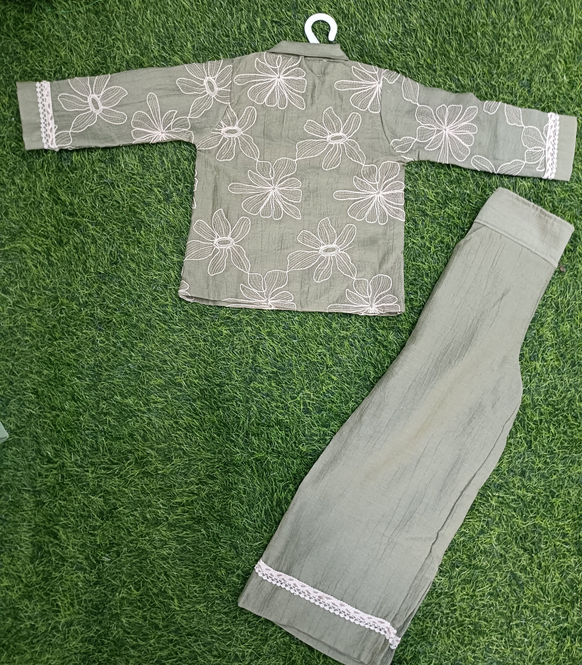 Girls Olive Green Floral Embroidered Shirt & Palazzo Pant Set
