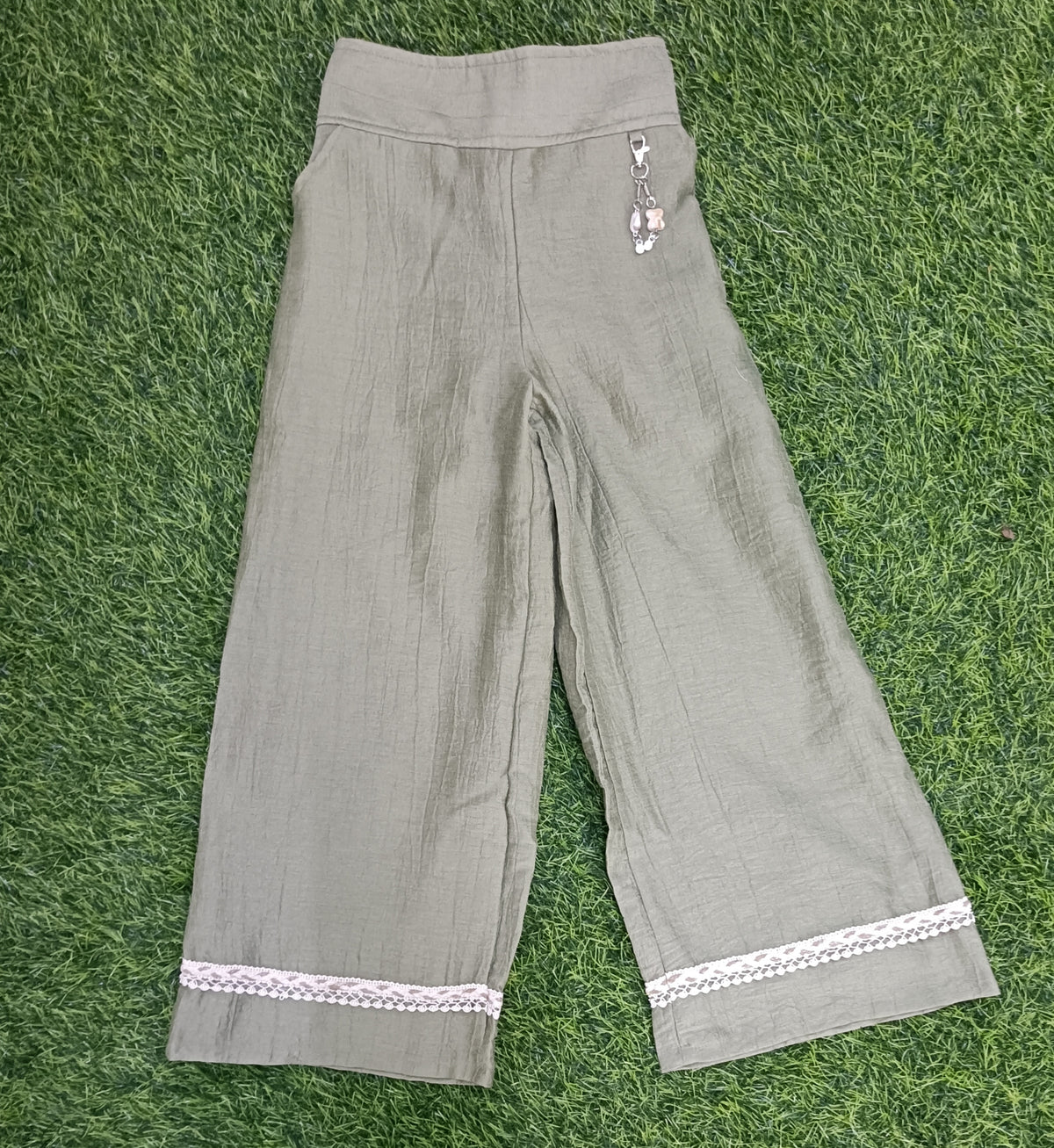 Girls Olive Green Floral Embroidered Shirt & Palazzo Pant Set