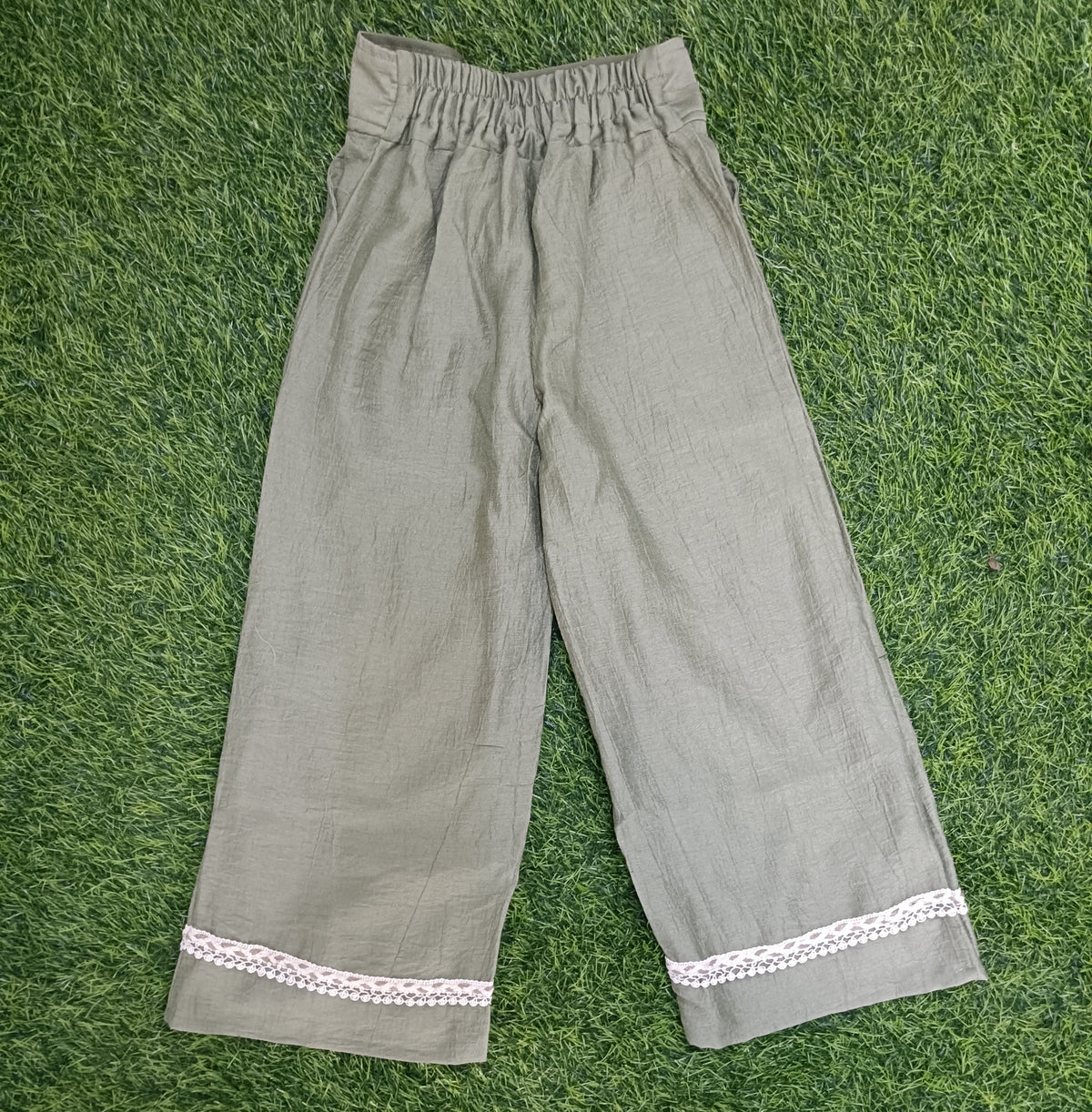Girls Olive Green Floral Embroidered Shirt & Palazzo Pant Set