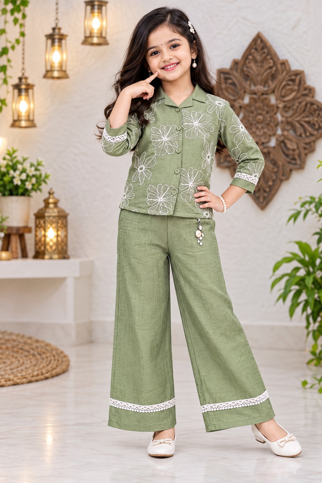 Girls Olive Green Floral Embroidered Shirt & Palazzo Pant Set