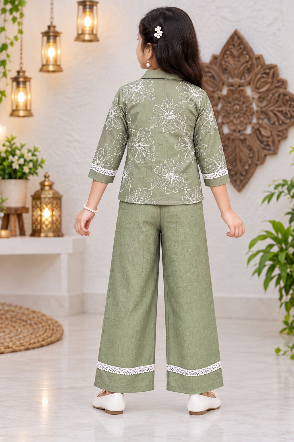 Girls Olive Green Floral Embroidered Shirt & Palazzo Pant Set