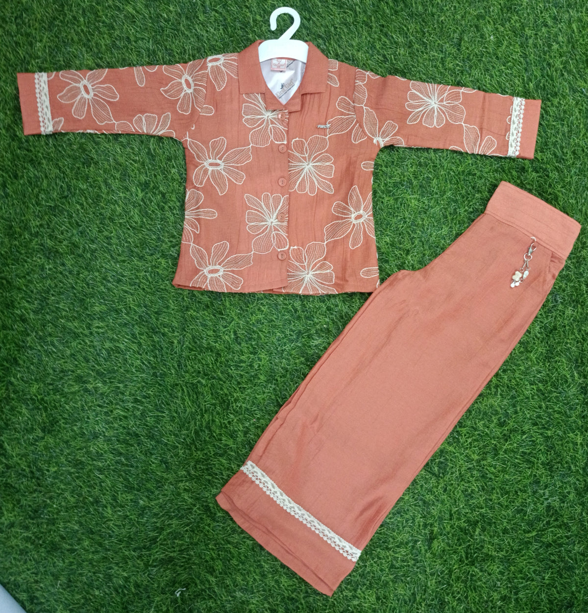 Girls Rust Floral Embroidered Shirt & Palazzo Pant Set
