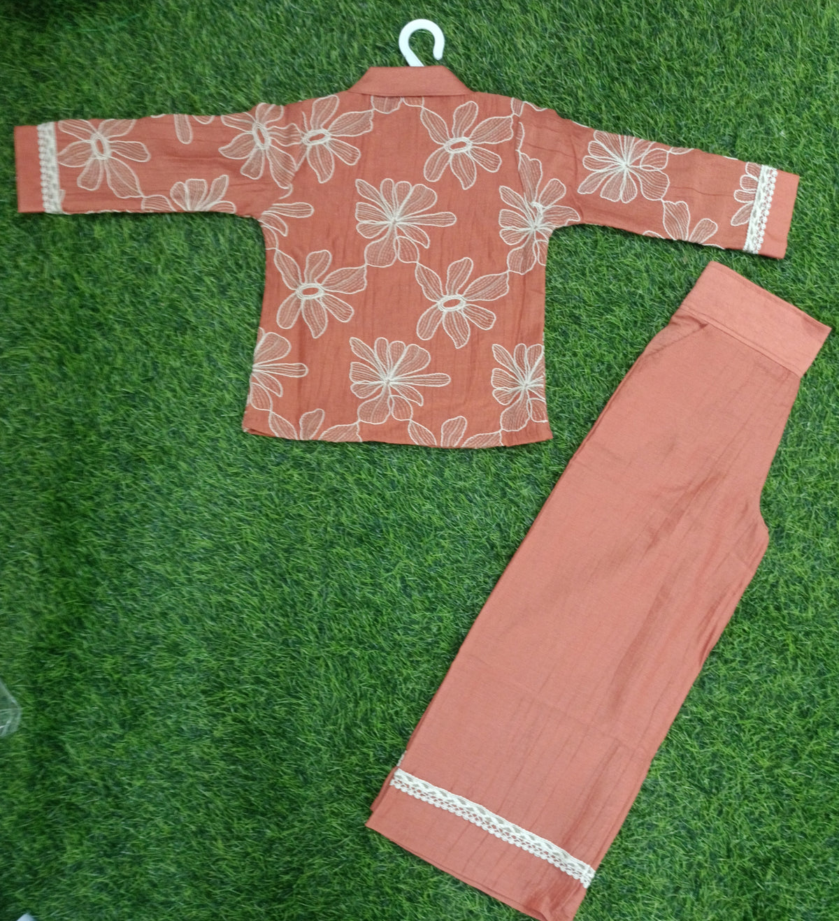 Girls Rust Floral Embroidered Shirt & Palazzo Pant Set