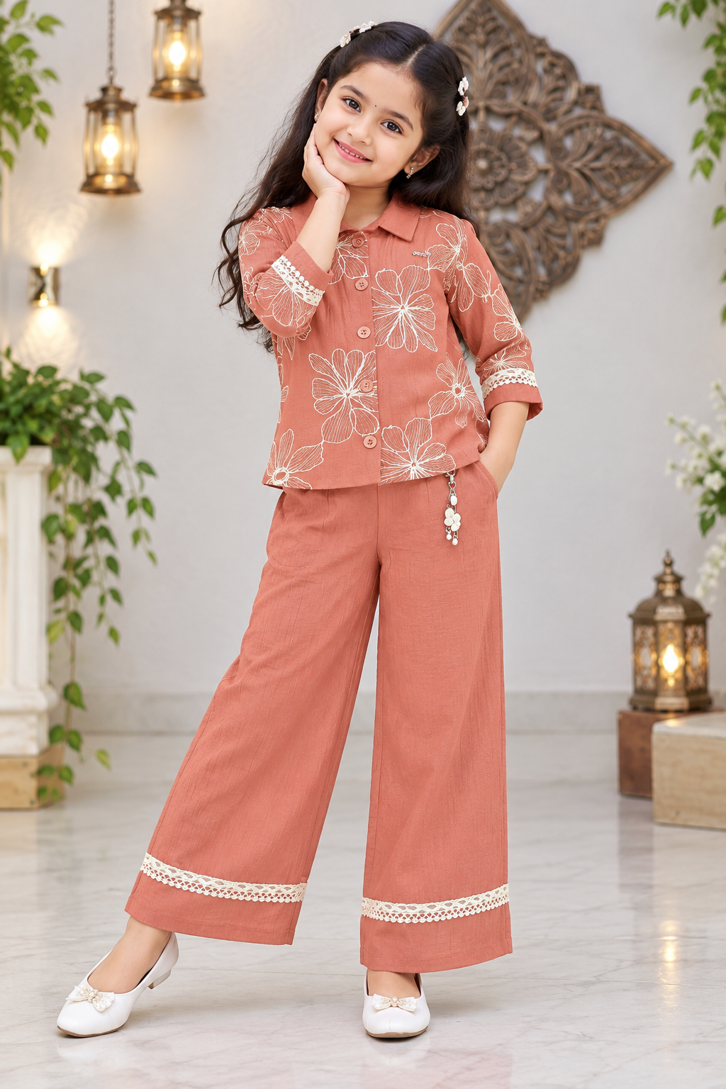 Girls Rust Floral Embroidered Shirt & Palazzo Pant Set