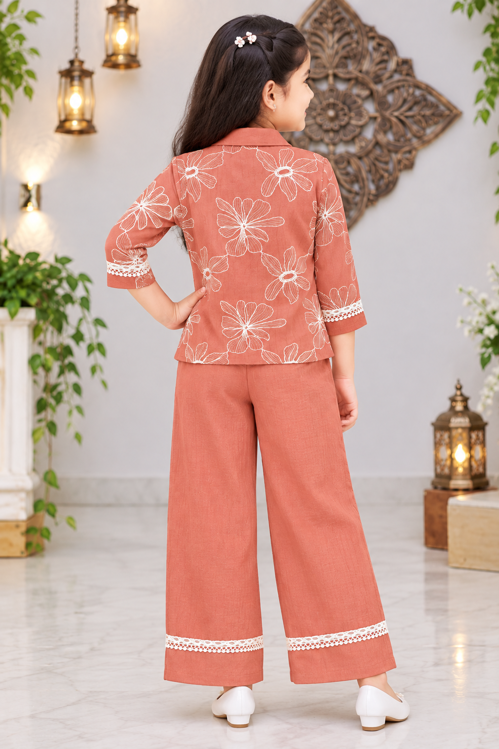 Girls Rust Floral Embroidered Shirt & Palazzo Pant Set