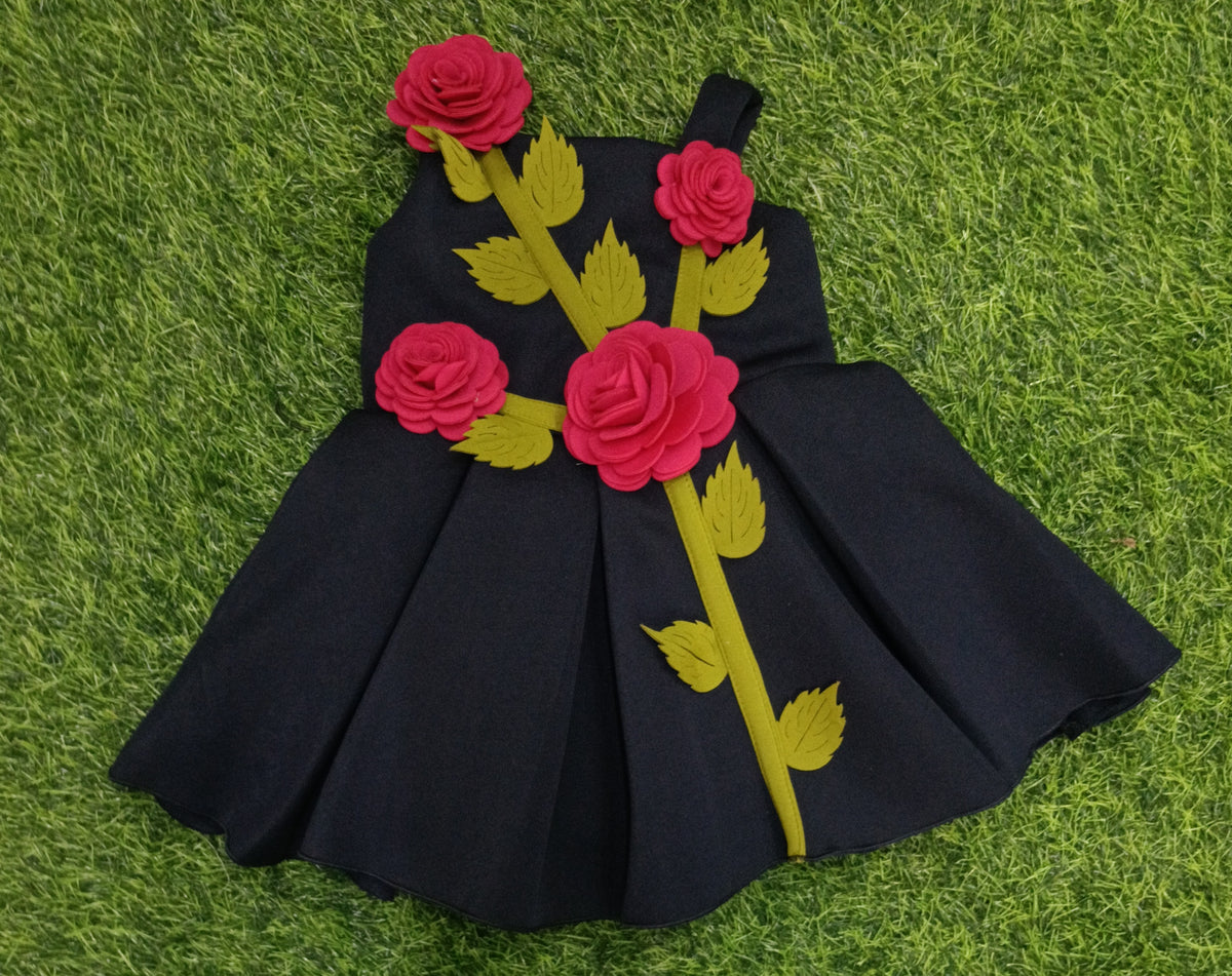 Girls Navy Blue 3D Rose Party Wear Frock