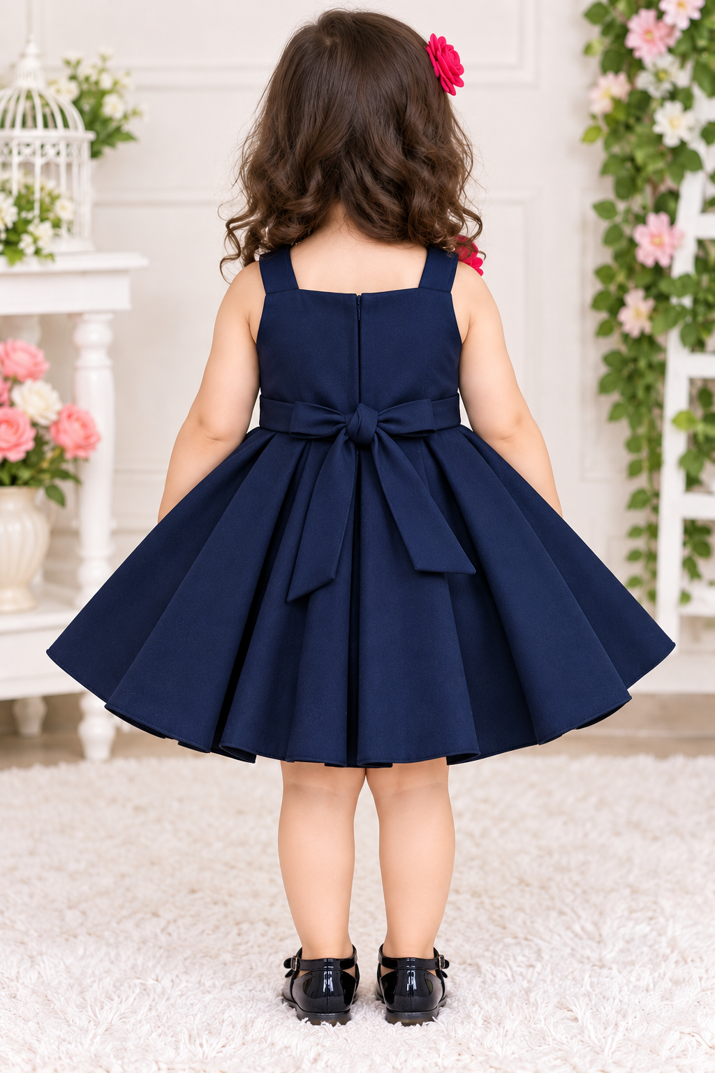 Girls Navy Blue 3D Rose Party Wear Frock