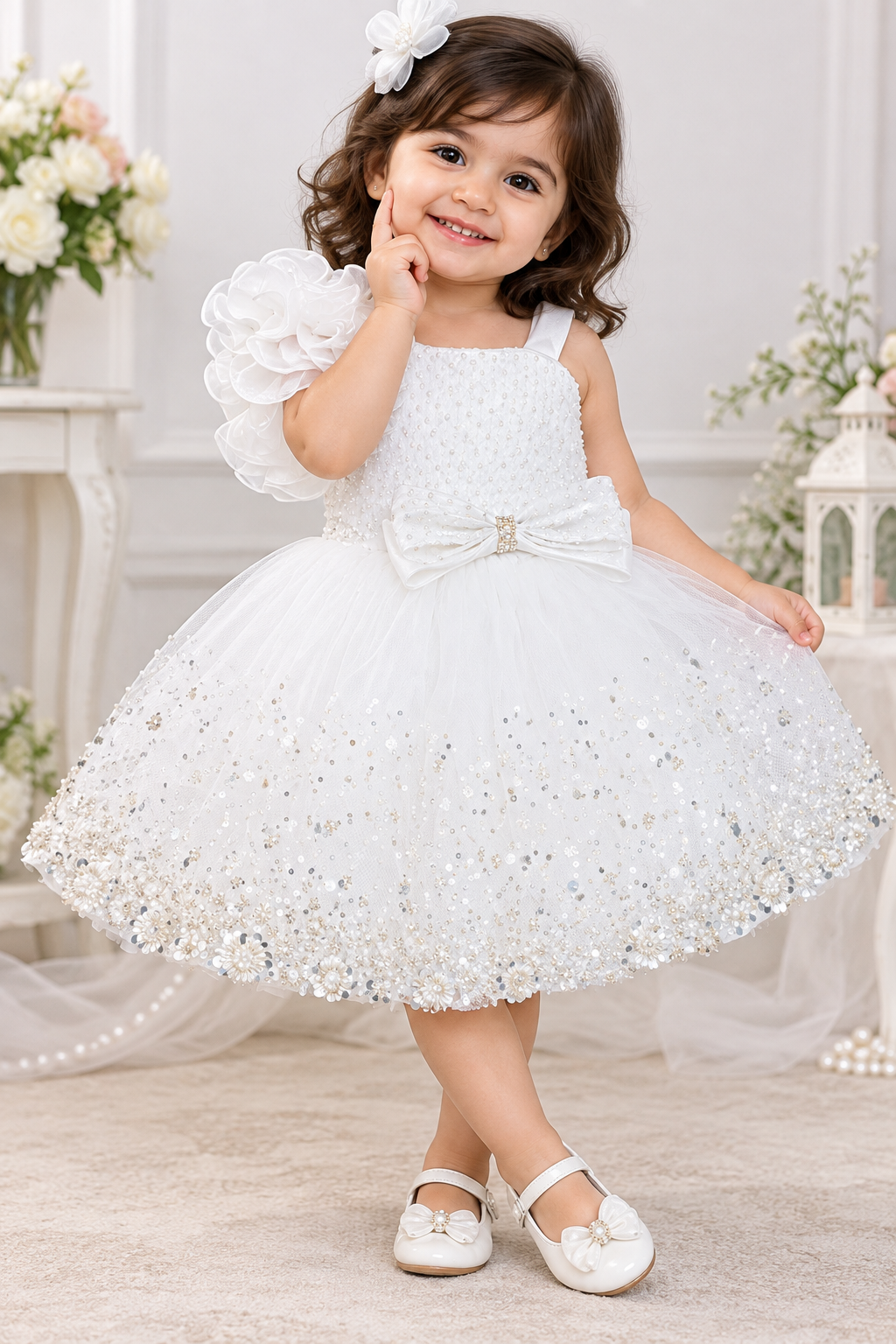Girls White & Pink Ombre Floral Sleeveless Party Frock