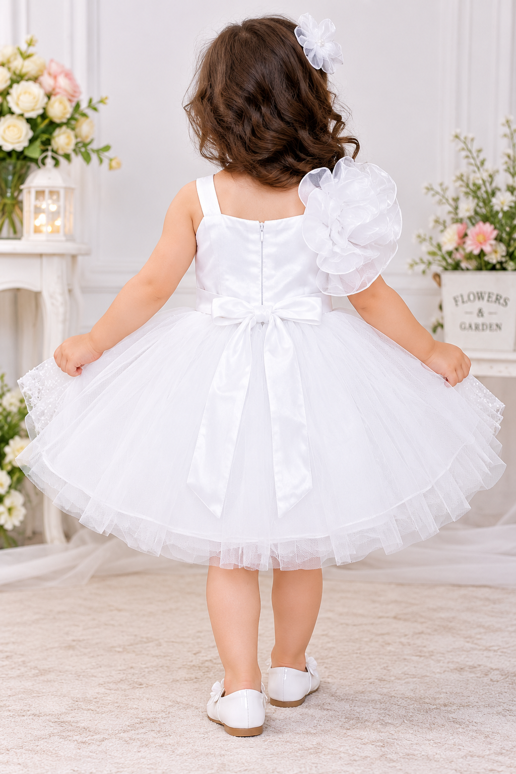 Girls White & Pink Ombre Floral Sleeveless Party Frock