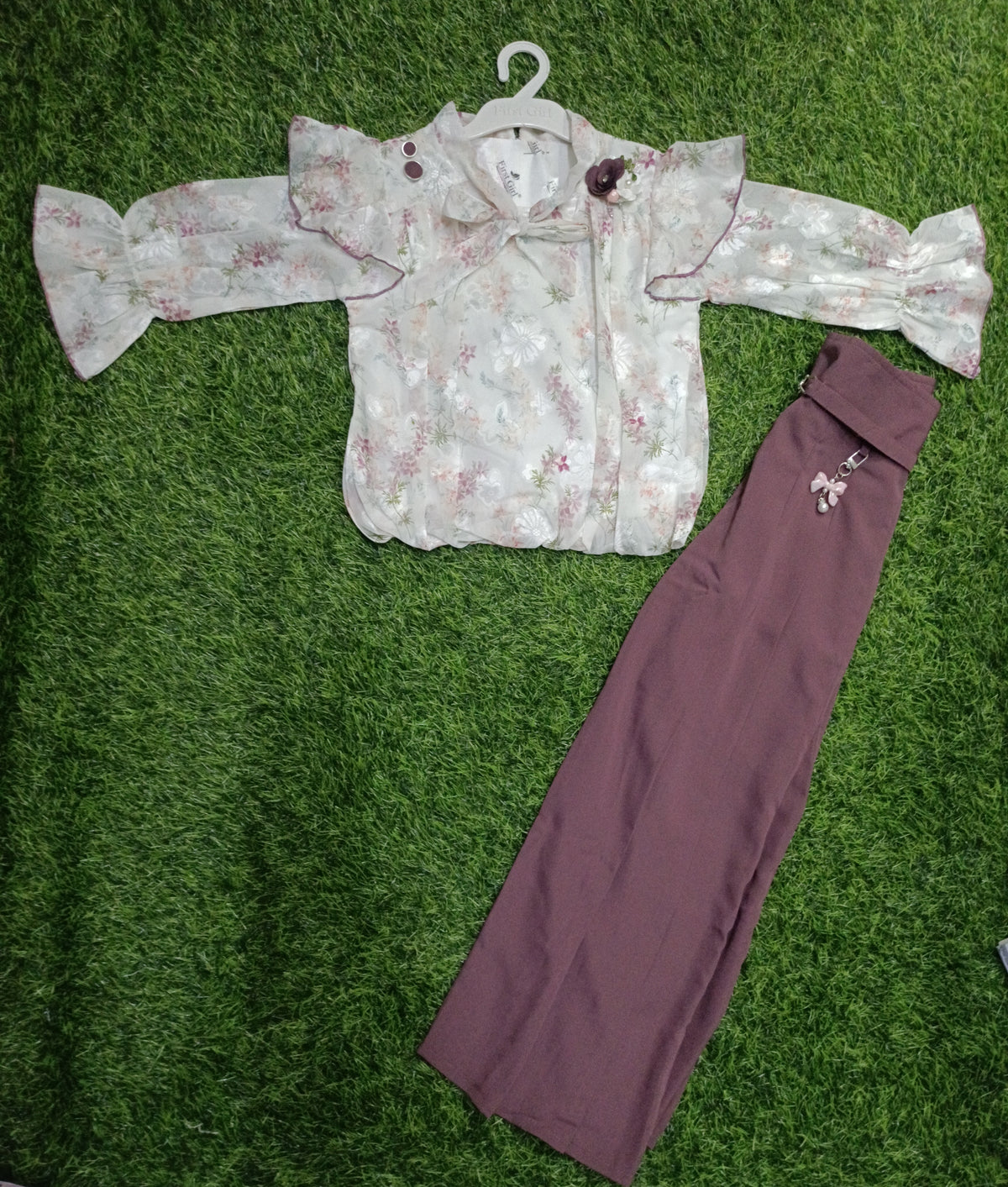 Girls Off White Floral Top & Mauve Palazzo Pant Set