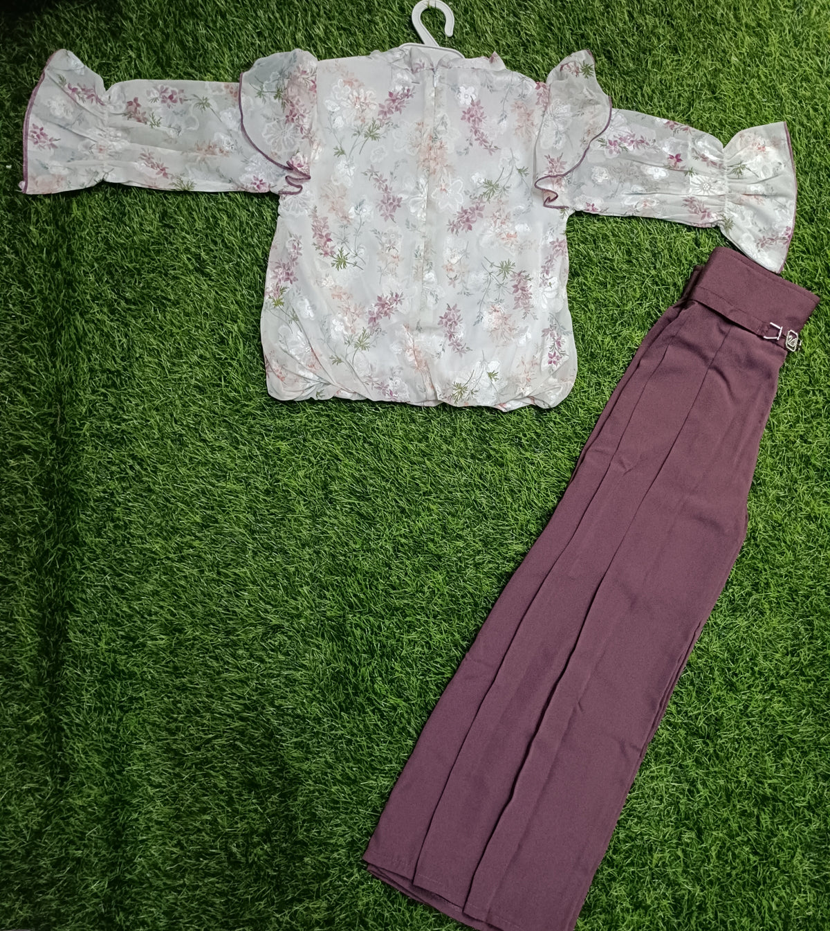 Girls Off White Floral Top & Mauve Palazzo Pant Set