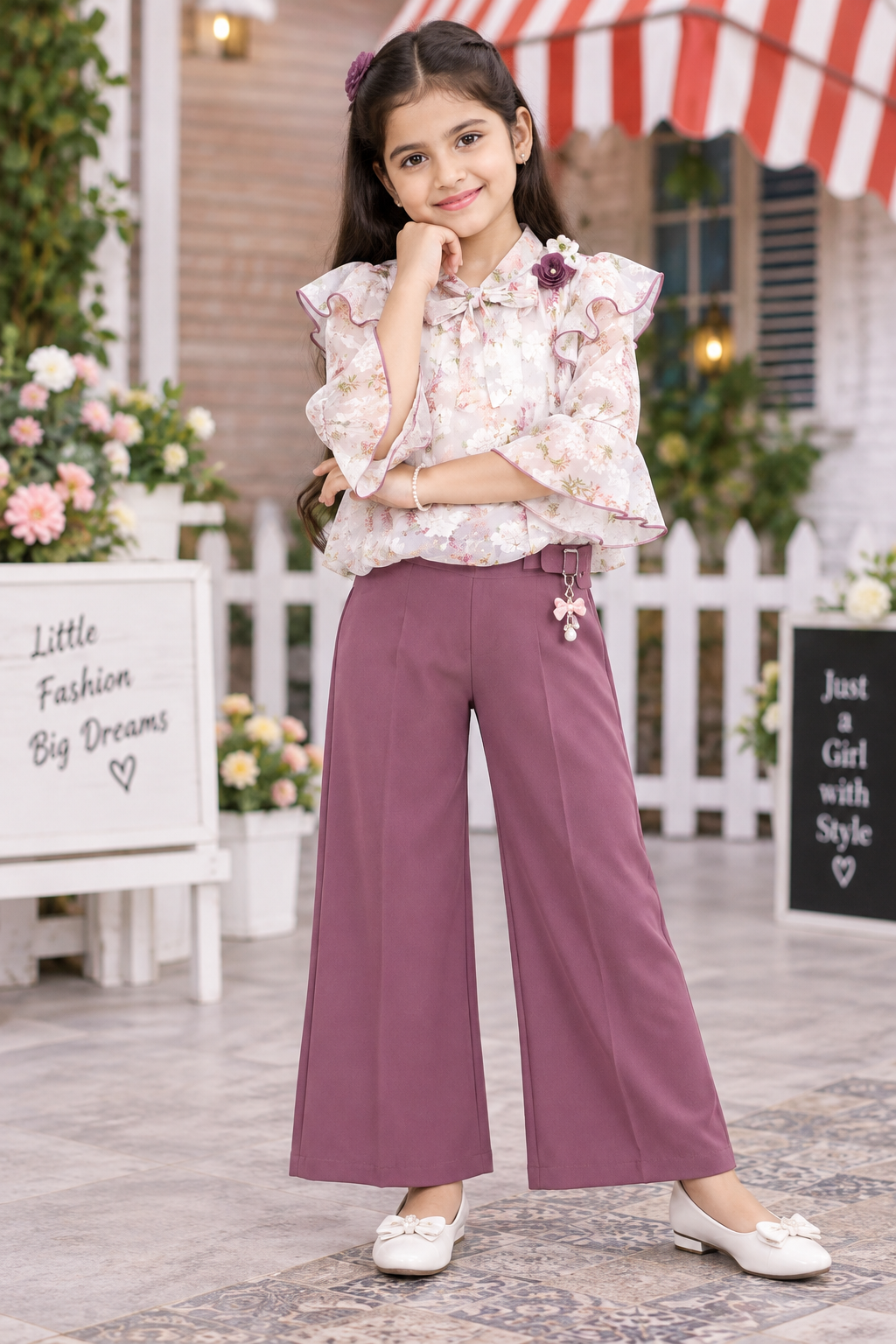 Girls Off White Floral Top & Mauve Palazzo Pant Set