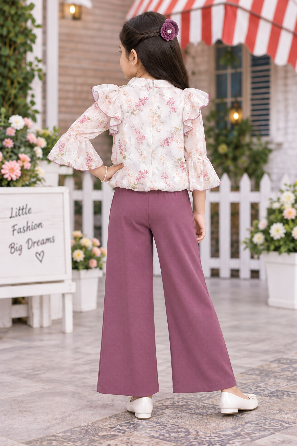 Girls Off White Floral Top & Mauve Palazzo Pant Set