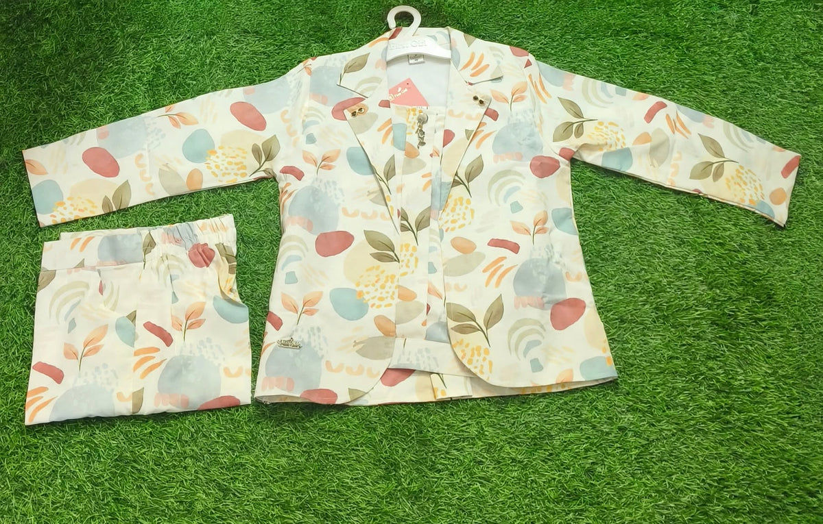 Girls Cream Multicolour Printed Party Wear Blazer Set