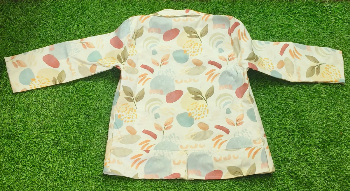 Girls Cream Multicolour Printed Party Wear Blazer Set