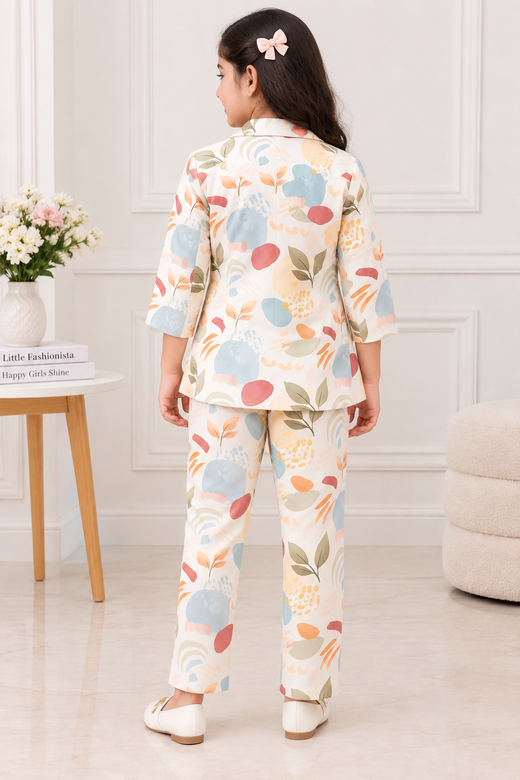 Girls Cream Multicolour Printed Party Wear Blazer Set