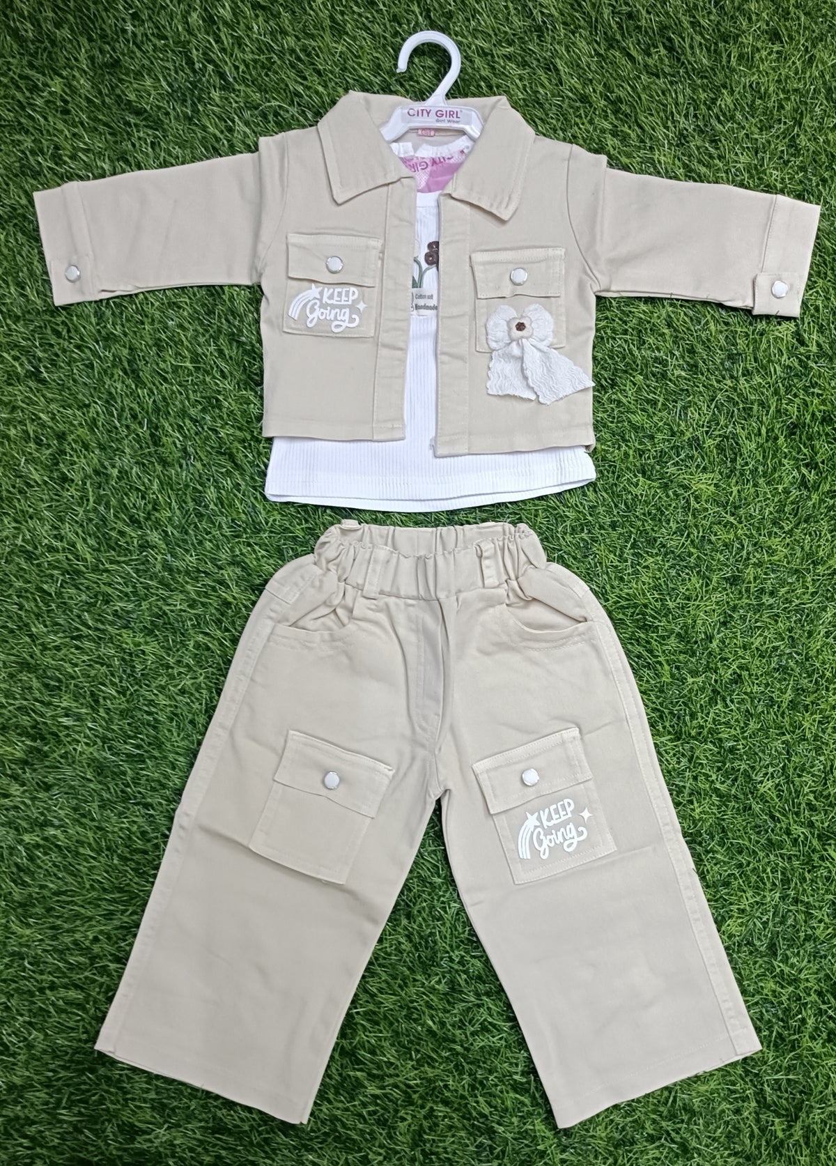 Girls Beige Jacket & Cargo Pant 3-Piece Set
