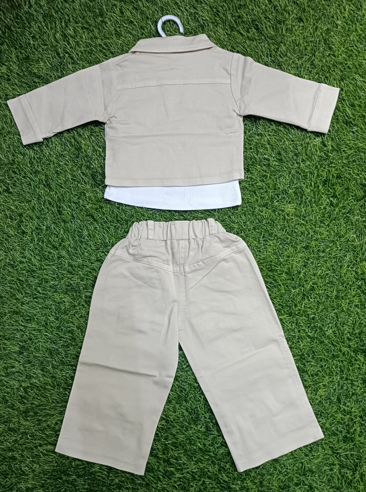 Girls Beige Jacket & Cargo Pant 3-Piece Set